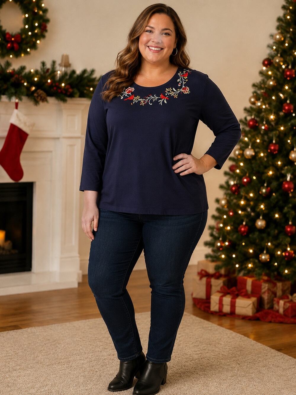 Croft & Barrow Women’s Plus 3X Navy Cardinal Floral Top